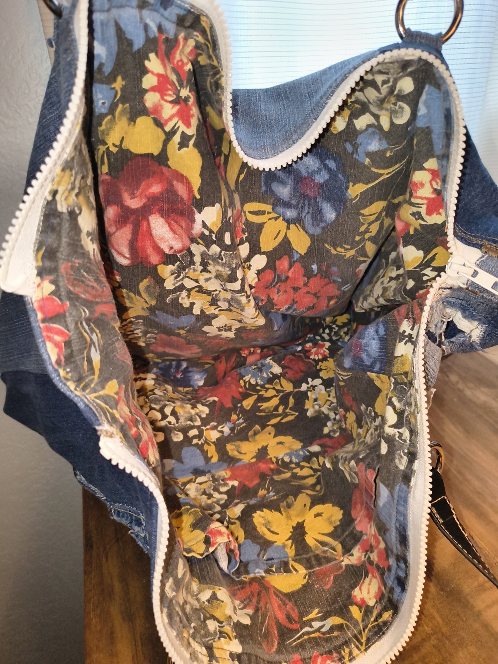 Denim Patchwork Tote Bag with Puppy 💜 Handmade Abstract - Picture 3 of 14